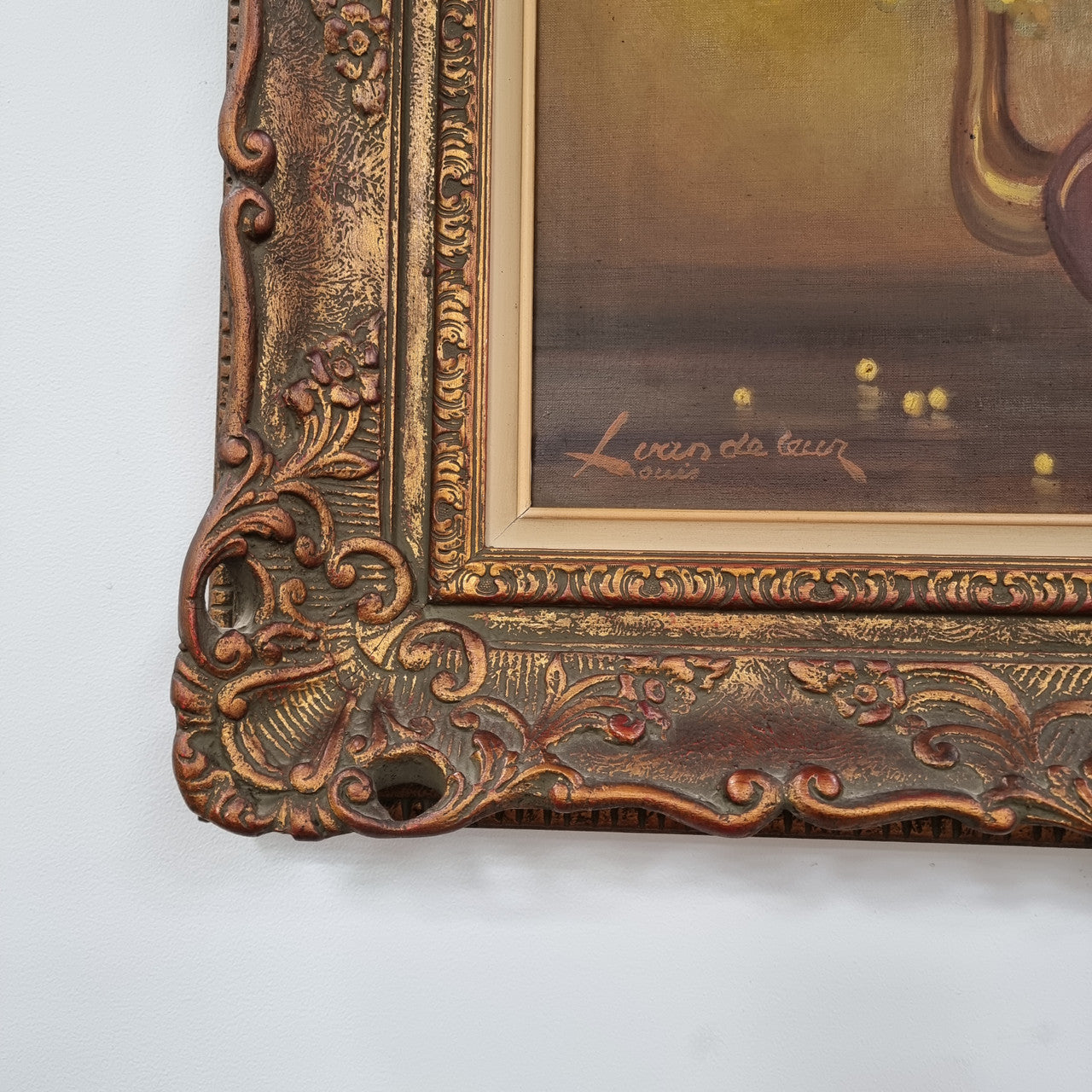 French floral still life painting oil on canvas of Wattle in a vase in a stunning decorative frame in good condition. Signed by artist and has been sourced from France.