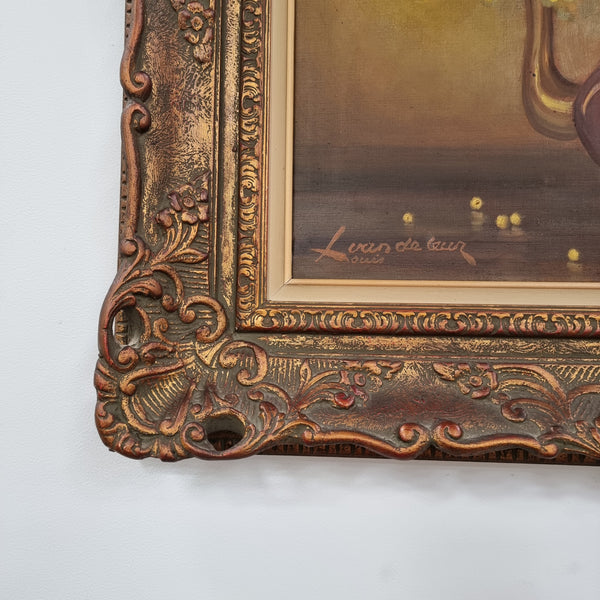 French floral still life painting oil on canvas of Wattle in a vase in a stunning decorative frame in good condition. Signed by artist and has been sourced from France.