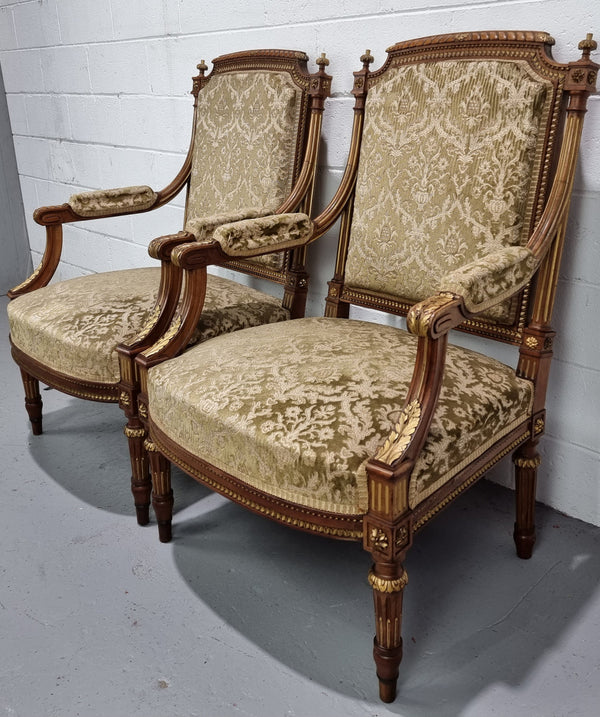 Beautiful French walnut Louis XVI style upholstered three piece Salon Suite. It has lovely fabric which is in overall good condition and is very comfortable to sit in. In good original detailed condition.