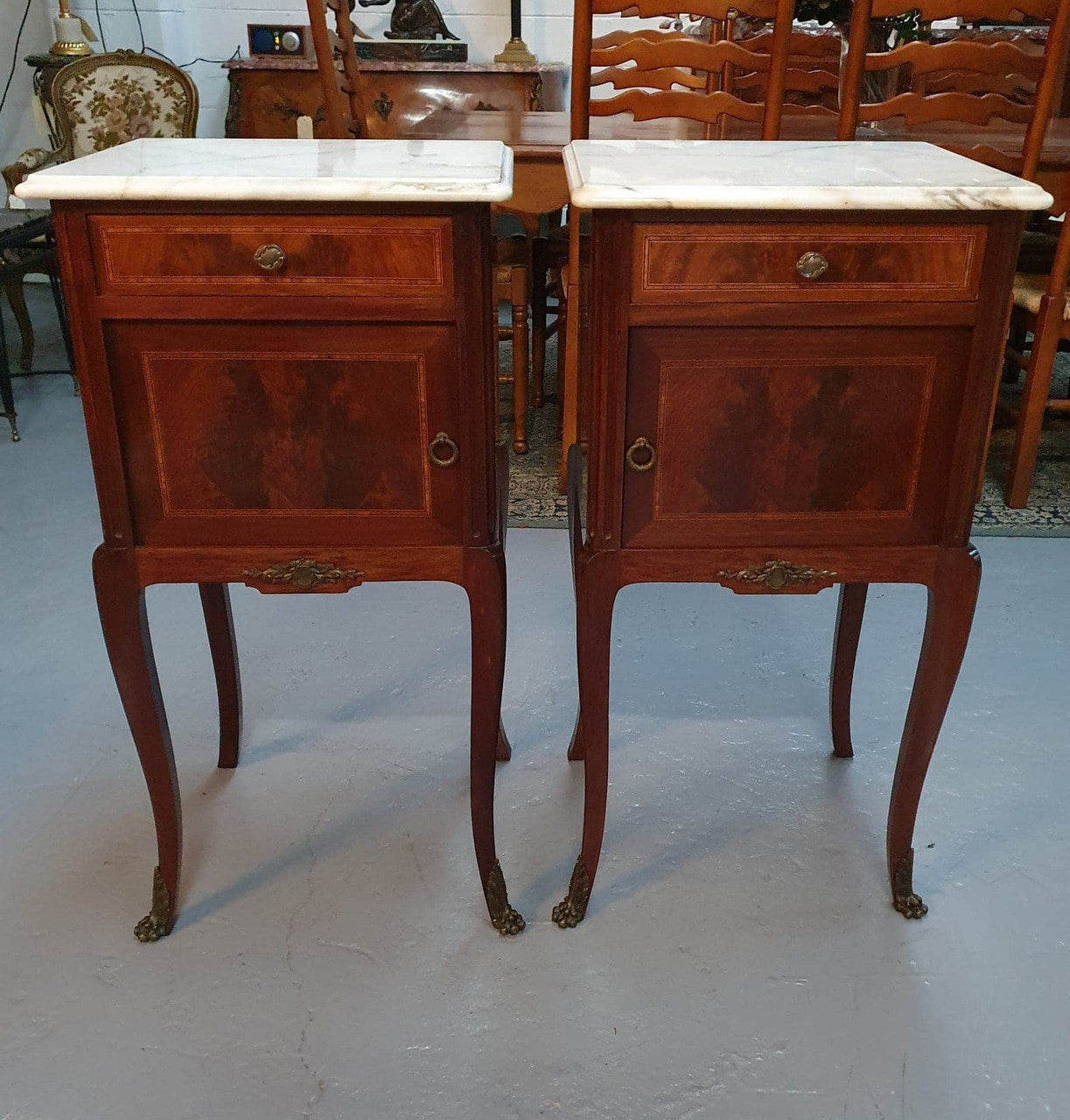 Beautiful Pair Of French Flame Mahogany Bedsides | Antique & Vintage | Moonee Ponds Antiques | Australia Wide Delivery