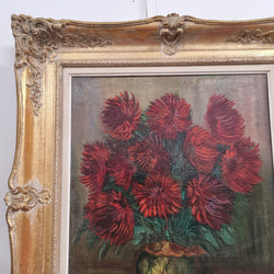Charming Oil on Canvas of Red Chrysanthemums Painting | Antique & Vintage | Moonee Ponds Antiques | Australia Wide Delivery