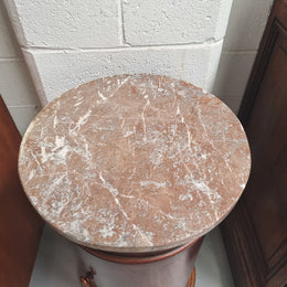 Unusual Empire flame Mahogany cylindrical marble topped bedside/pedestal. Would make an ideal pedestal with added storage inside or could be used as a bedside. Sourced from France and is in good original detailed condition.