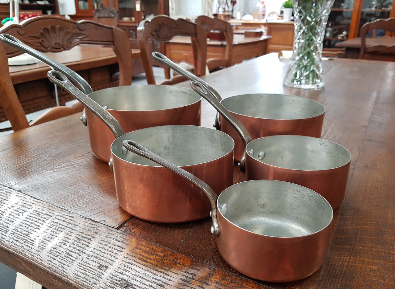 French Set of Five Antiques Copper Pans