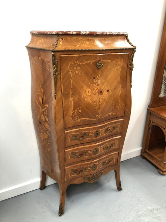 French Bombe Marquetry Inlaid Abbattant