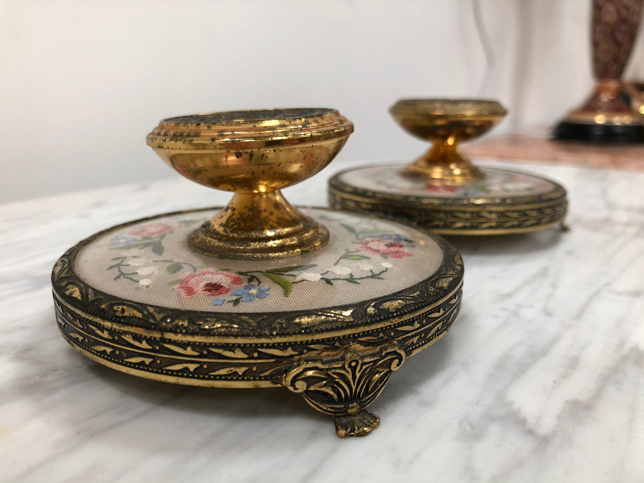 Pair Of Petit Point & Gilt Metal Dressing Table Vintage Candle Holders