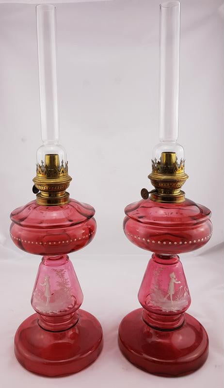 Rare Pair Of Ruby Mary Gregory Glass Kerosene Lamps