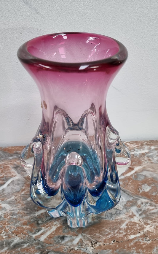 Vintage “Murano” hand made blue and cranberry glass vase. In excellent condition.