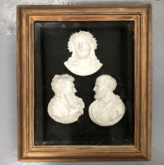 Very interesting framed plaster cameo’s. One of Jesus and two other unidentified men. Late Georgian 1810 – 1820.