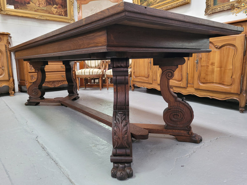 Stunning 2.55 meter French Spanish style parquetry top Oak table. Amazing one piece top and it is in good original detailed condition.