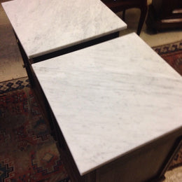 Pair French Oak Marble Top Bedsides