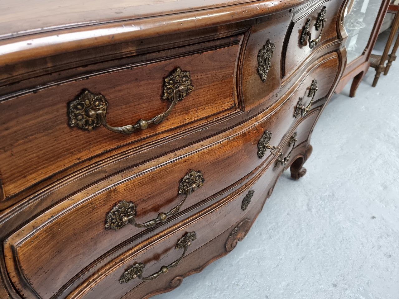 Rare Wooden Top Walnut Louis XV Style Three Drawer Bombe Commode | Antique & Vintage | Moonee Ponds Antiques | Australia Wide Delivery