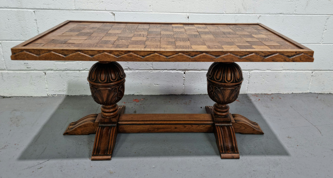 Amazing French Oak solid parquetry top coffee table. Great size and in very good original detailed condition.