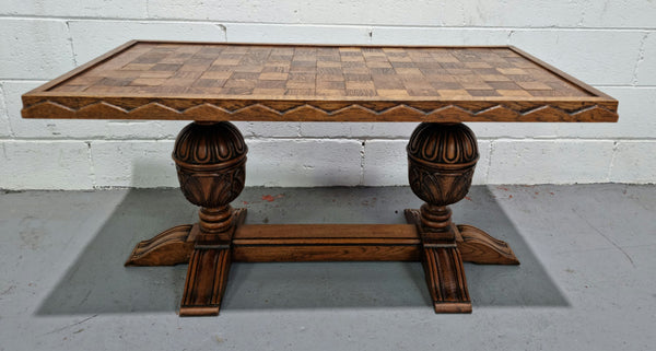 Amazing French Oak solid parquetry top coffee table. Great size and in very good original detailed condition.