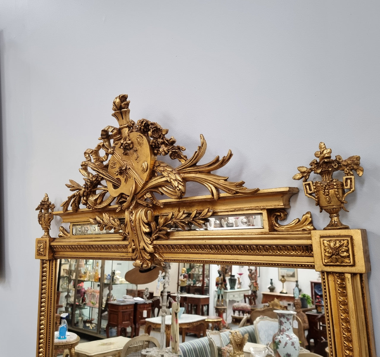 Beautifully Carved and Decorated Antique Gilt Napoleon III Louis XVI Style Gilt Overmantel Mirror