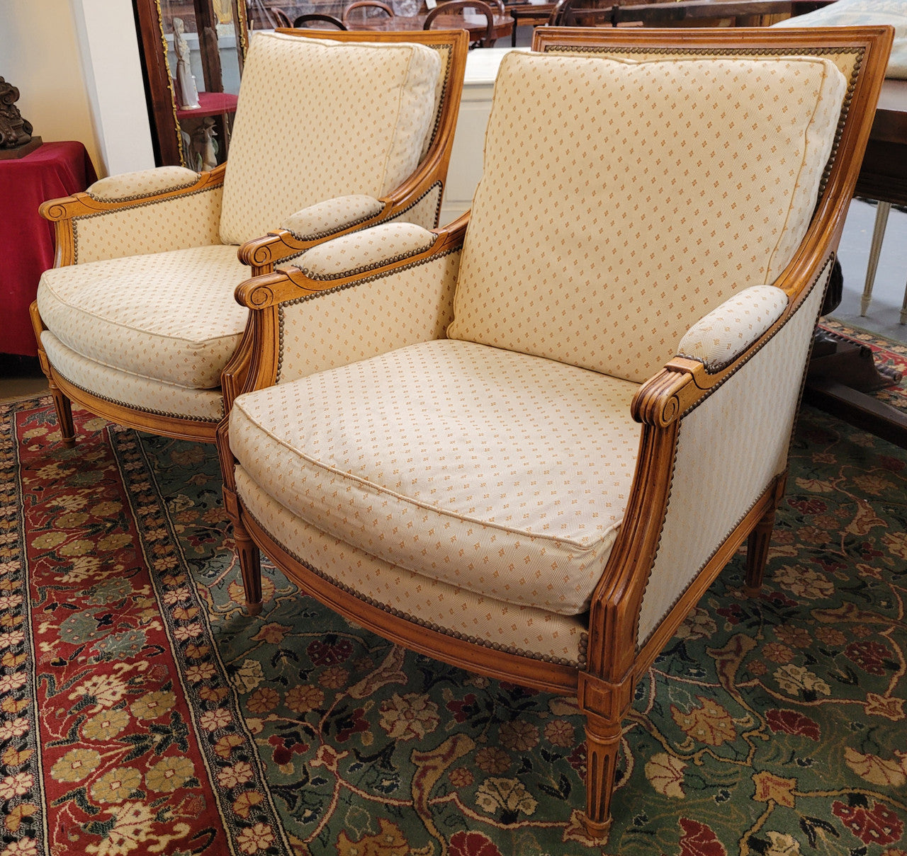 Pair of Louis XVI Style 19th Century Walnut Upholstered Bergère Chairs | Antique & Vintage | Moonee Ponds Antiques | Australia Wide Delivery