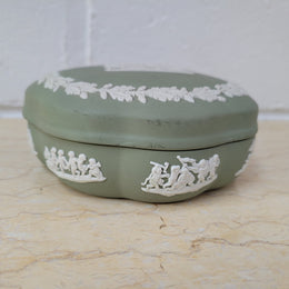 For Sale At Moonee Ponds Antiques Vintage classical design green jasper “Wedgwood” large round lidded trinket box. In good condition please view photos as they help form part of the description.