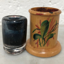 Antique Hand-Painted Treen Inkwell