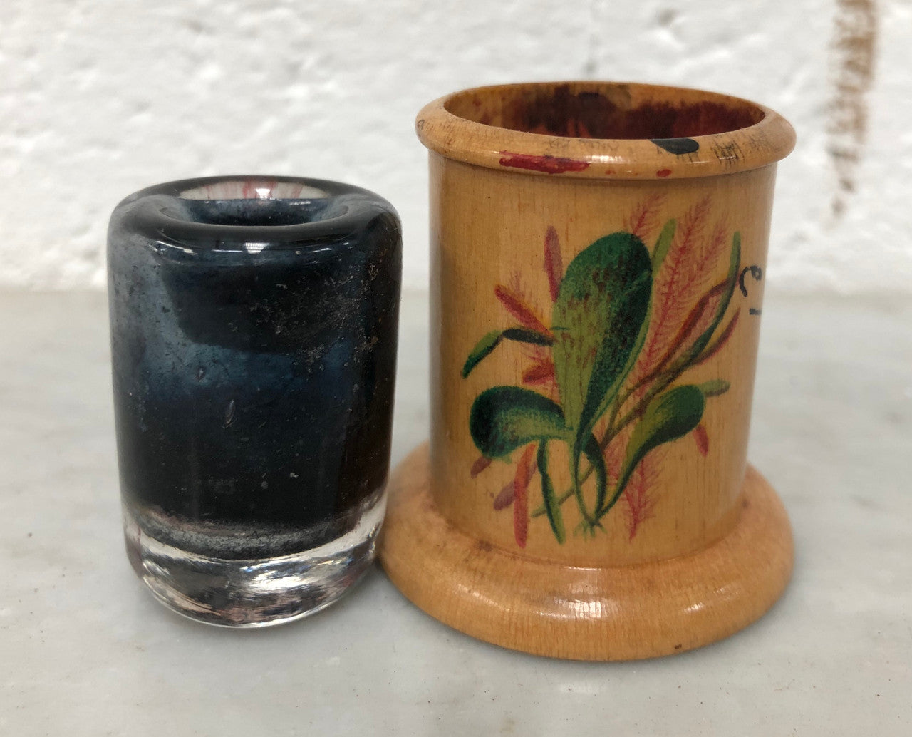 Antique Hand-Painted Treen Inkwell