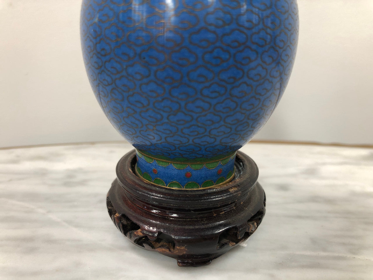 Small Blue Cloisonné Vase On Carved Stand