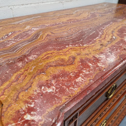 Lovely decorative French walnut and burr Walnut 3 drawer commode with a stunning coloured marble top and lovely carved details. In very good detailed condition.
