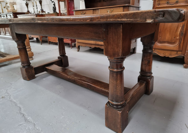 Lovely vintage French dark Oak pedestal base Farmhouse table. It can comfortable sit eight and it is in good original condition.