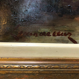 Sensational "Moody" oil on canvas landscape painting in a ornate gilt frame. In good original condition.
