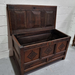 Early 19th Century French Oak carved coffer with a lift up lid for storage. A beautiful piece and in good original condition.