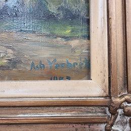 French signed oil on canvas depicting farmhouse in a lovely gilt frame. It is in good original detailed condition and has been sourced from France.