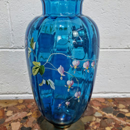 Decorative Victorian Enameled Hand Painted Blue Glass Vase "Bird and Flower Scene"