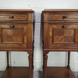 Pair parquetry Walnut bedside cabinets with white inset marble tops. In good original detailed condition.