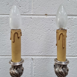 Pair of Antique French silver candlesticks table lamps embossed with birds and floral pattern. In good original detailed working condition.