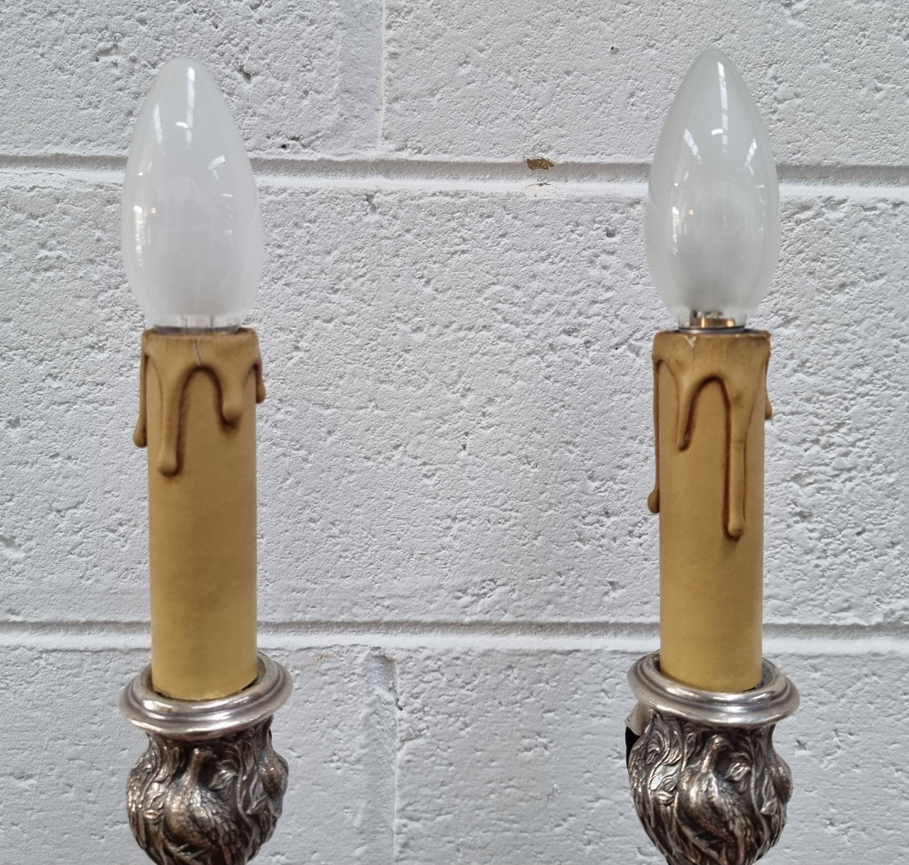 Pair of Antique French Silver Candlesticks Table Lamps Embossed With Birds & Floral Pattern | Antique & Vintage | Moonee Ponds Antiques | Australia Wide Delivery