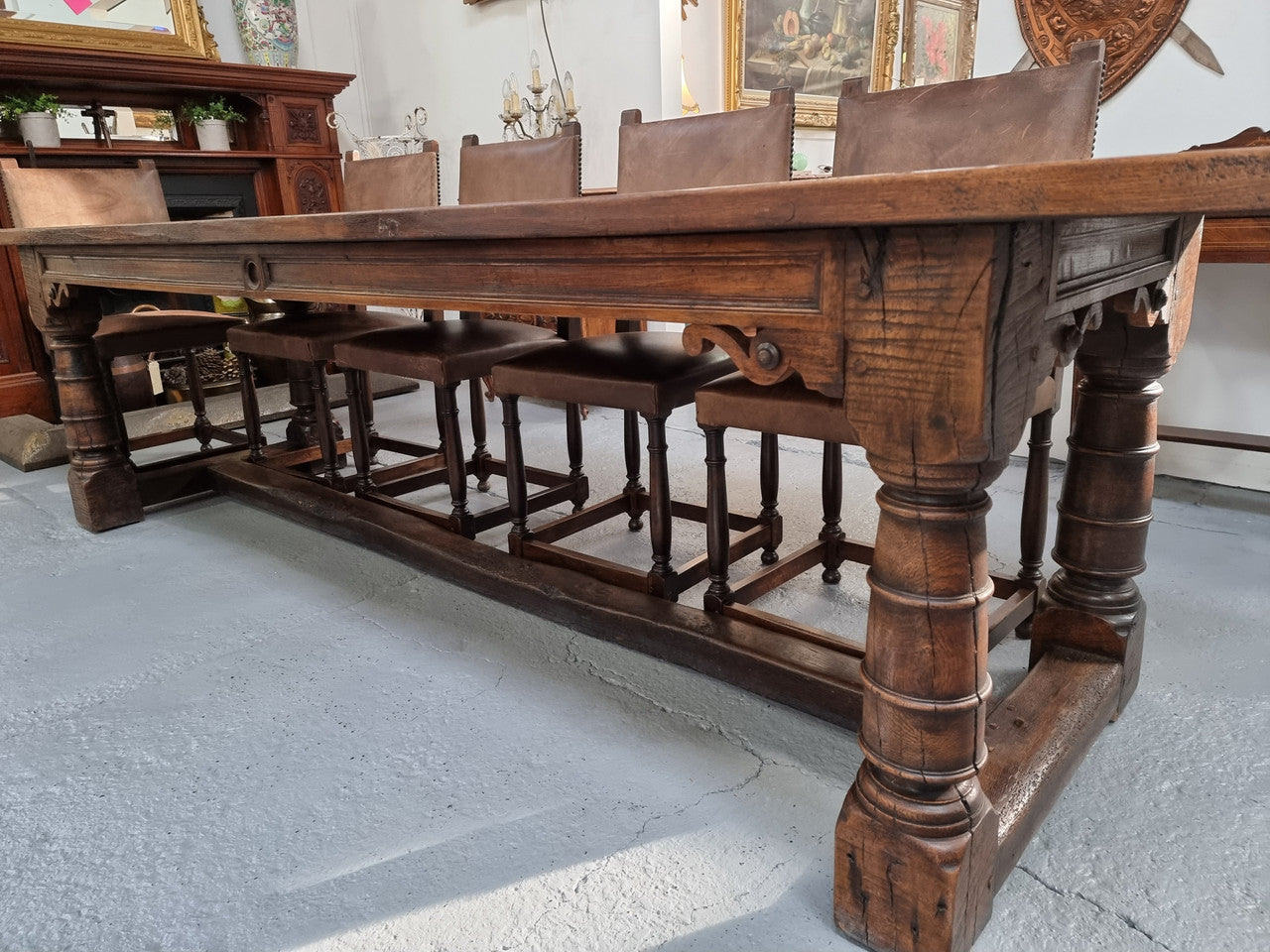 Amazing 3 Meter Dark Oak Farmhouse Dining Table With Set of 10 Leather Chairs | Antique & Vintage | Moonee Ponds Antiques | Australia Wide Delivery