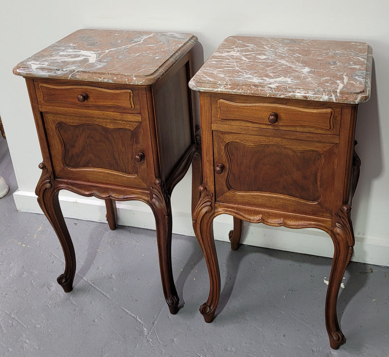 French Louis XV Style Walnut Marble Top Bedside Cabinets. In good original detailed condition.