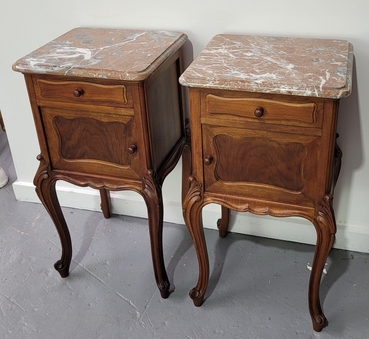 French Louis XV Style Walnut Marble Top Bedside Cabinets | Antique & Vintage | Moonee Ponds Antiques | Australia Wide Delivery