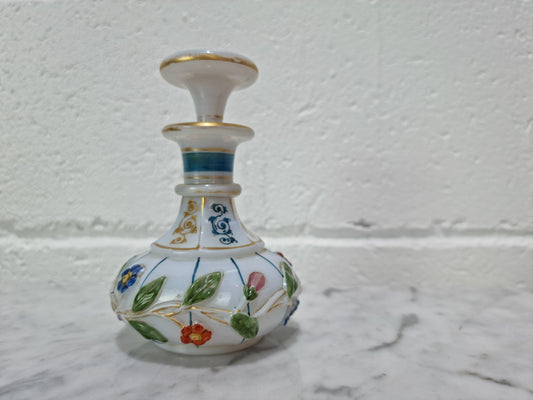 19th century French hand painted and gilded opaline glass scent/perfume bottle. It has marks to the base. In good original condition please view photos as they help form part of the description.