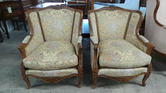 Antique Pair Of Carved Louis XV Style Upholstered FauteuilsL40
