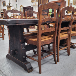 Stunning French dark Oak refectory style dining table. It has been sourced from France and is in good original detailed condition.
