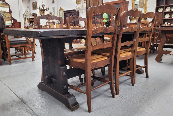 Stunning French dark Oak refectory style dining table. It has been sourced from France and is in good original detailed condition.