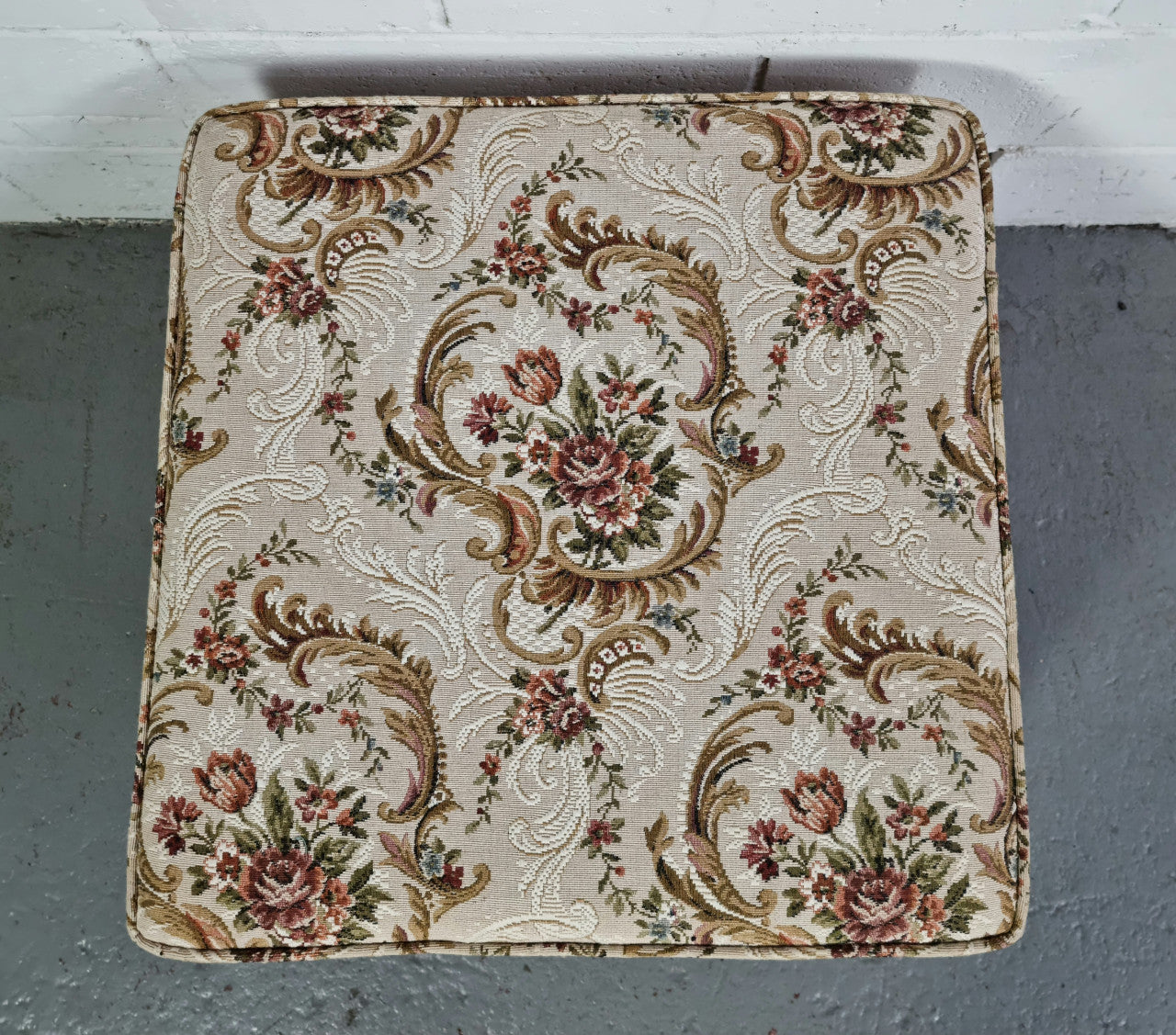 Vintage square Mahogany Tapestry foot stool. It is in good original used condition and can be used as is or be reupholstered.