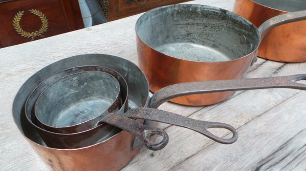 Fabulous set of six French antique copper and iron saucepans in good original condition.