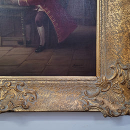 An engaging gilt framed signed oil on canvas of a "French Interior Scene". It has been sourced from France and is in good original detailed condition.