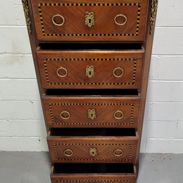 Louis XIV style tall chest of five drawers with stunning marble top. It is of small proportions and has very nice mounts and handles. In good original detailed condition.