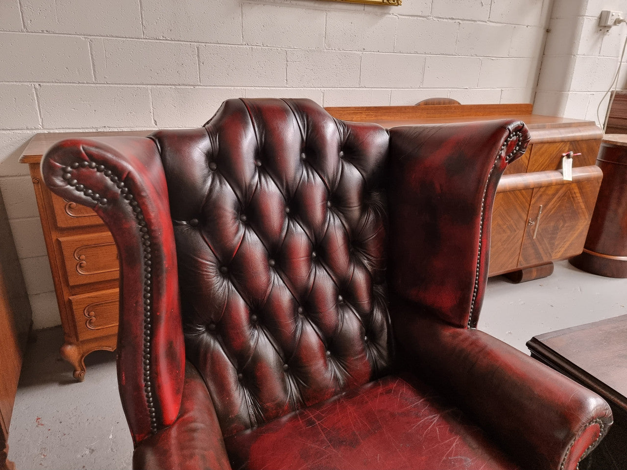 Oxblood Leather Button Back & Winged Lounge Chair