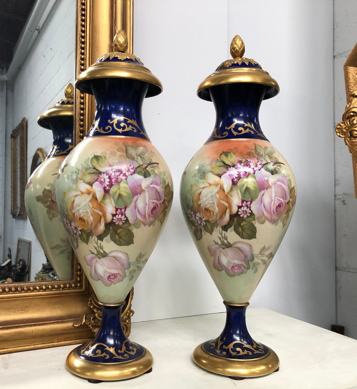 Pair Of French Antique Flower Decorated Vases