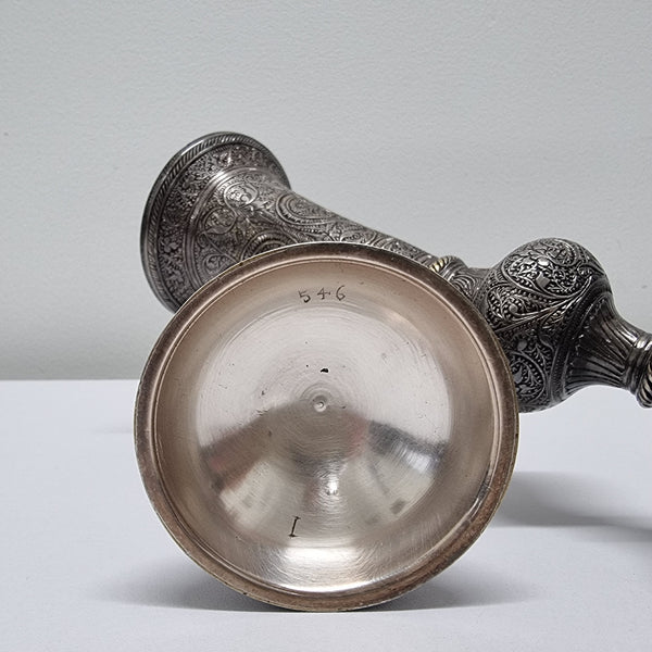 Pair of antique Indian silver plated vases with markings 'I, 546'. Sourced locally. They are in good original condition.