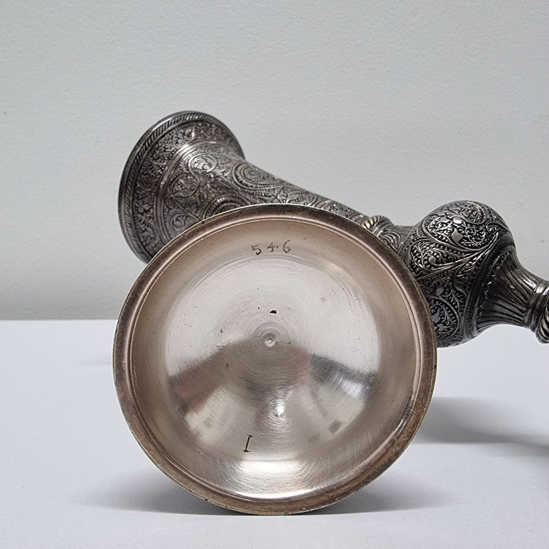 Pair of antique Indian silver plated vases with markings 'I, 546'. Sourced locally. They are in good original condition.