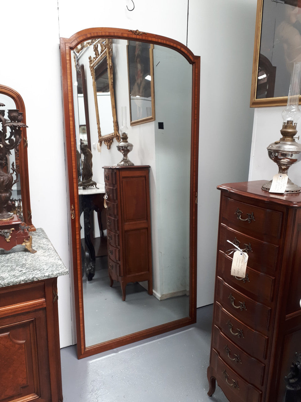 French Inlaid Walnut Free Standing Bevelled Edge Mirror