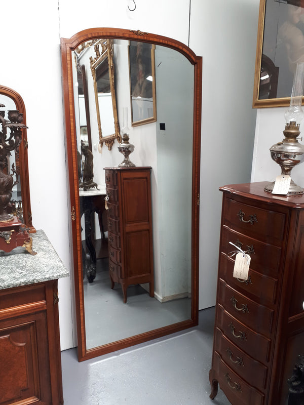 French Inlaid Walnut Free Standing Bevelled Edge Mirror