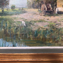 French oil on canvas of a beautiful farm scene in a lovely ornate frame, and in good original condition.